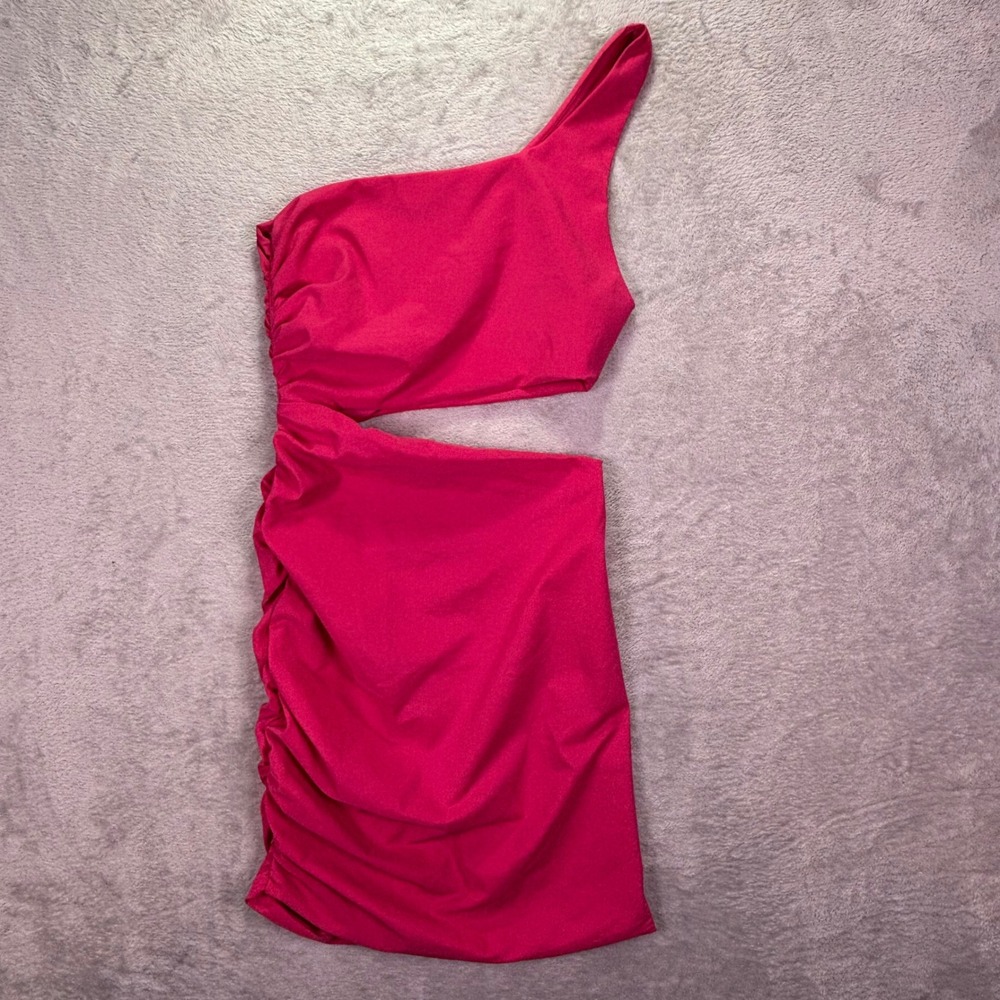 Zara Women Dress Sz S Pink One Shoulder Side Cutout Ruched Mini Bodycon